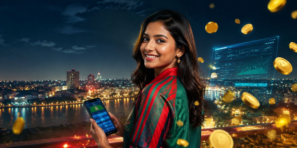 বাংলাদেশি মডেল মোবাইলে ক্রিকেট বেটিং দেখছেন বাংলাদেশ পতাকার পটভূমিতে