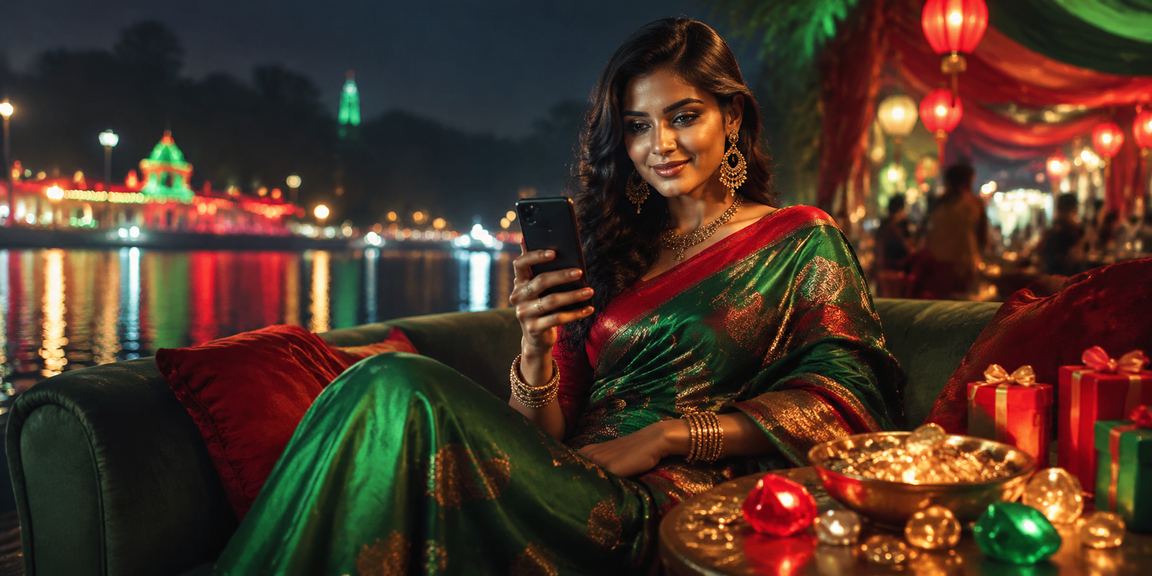কুমিল্লায় মোবাইল ক্যাসিনো ব্যবহাররত তরুণী লাল-সবুজ পোশাকে স্মার্টফোন হাতে